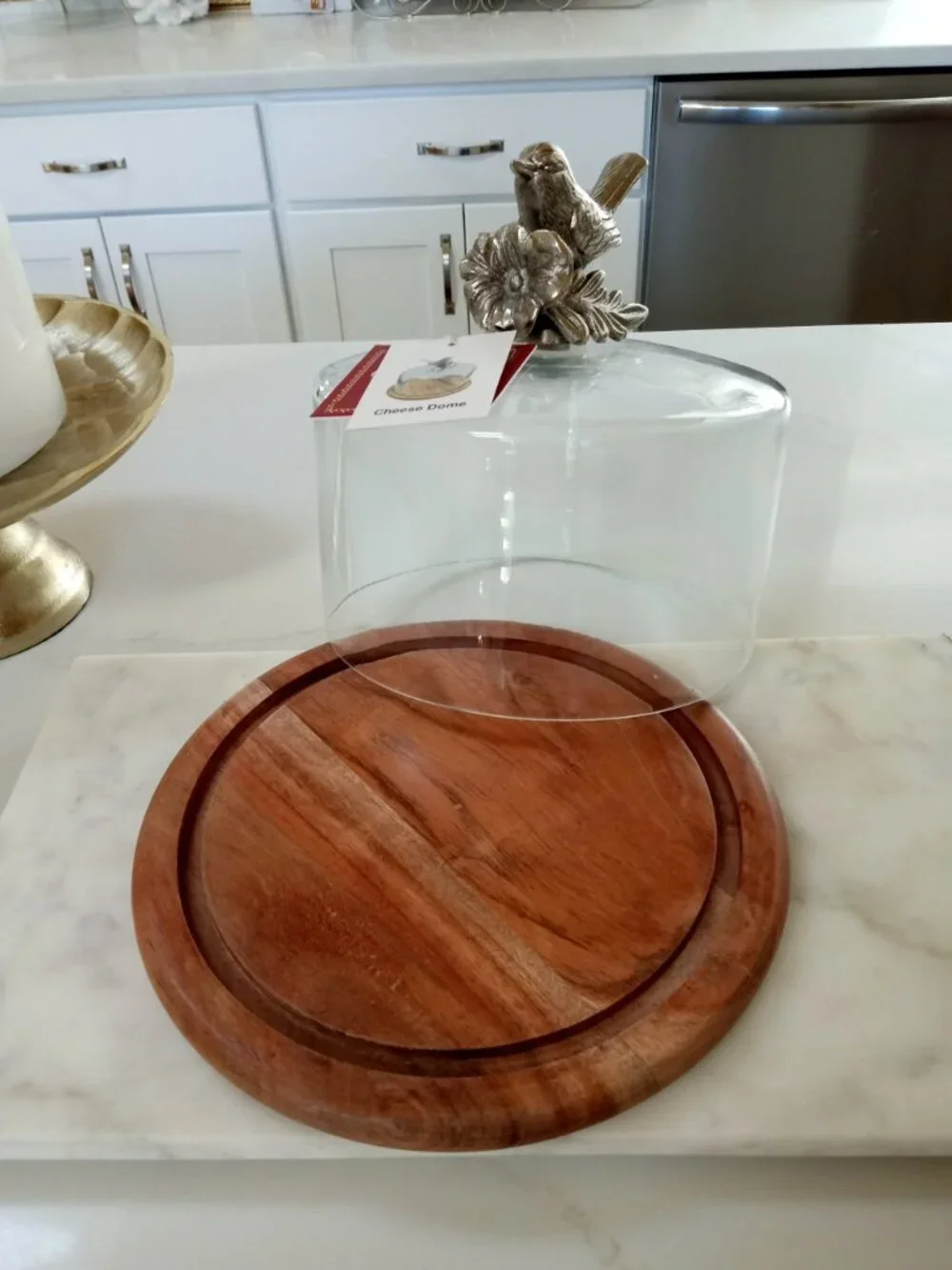 NEW! EXQUISITE WOOD & GLASS BIRD FLOWER CHEESE DOME